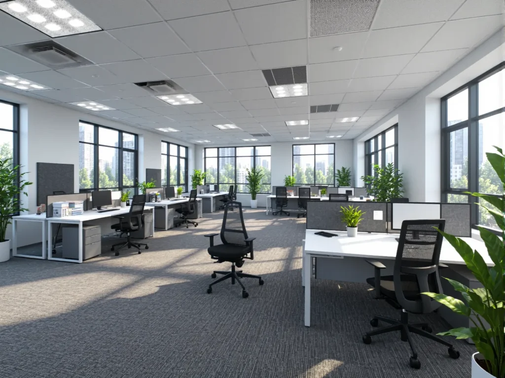 Białe biurka biurowe z ergonomicznymi krzesłami i kontenerkami