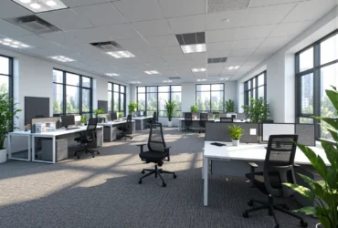 Białe biurka biurowe z ergonomicznymi krzesłami i kontenerkami