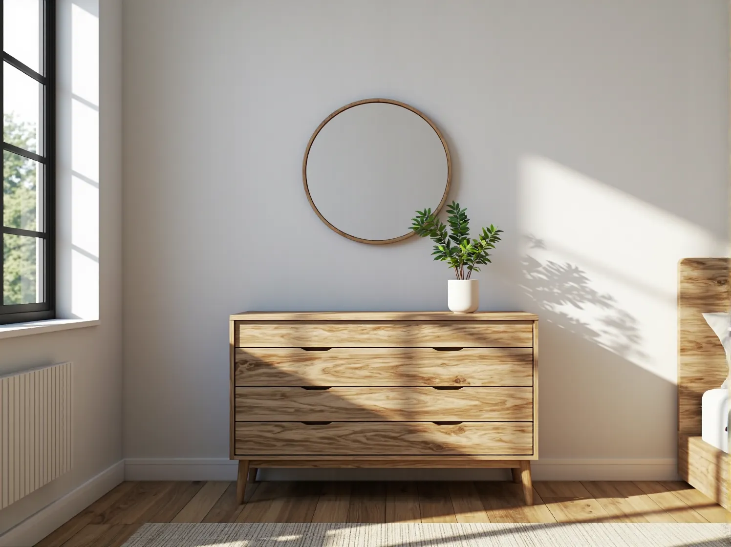 Zbliżenie na komodę bez uchwytów, podkreślającą czyste linie i funkcjonalność mebli minimalistycznych.