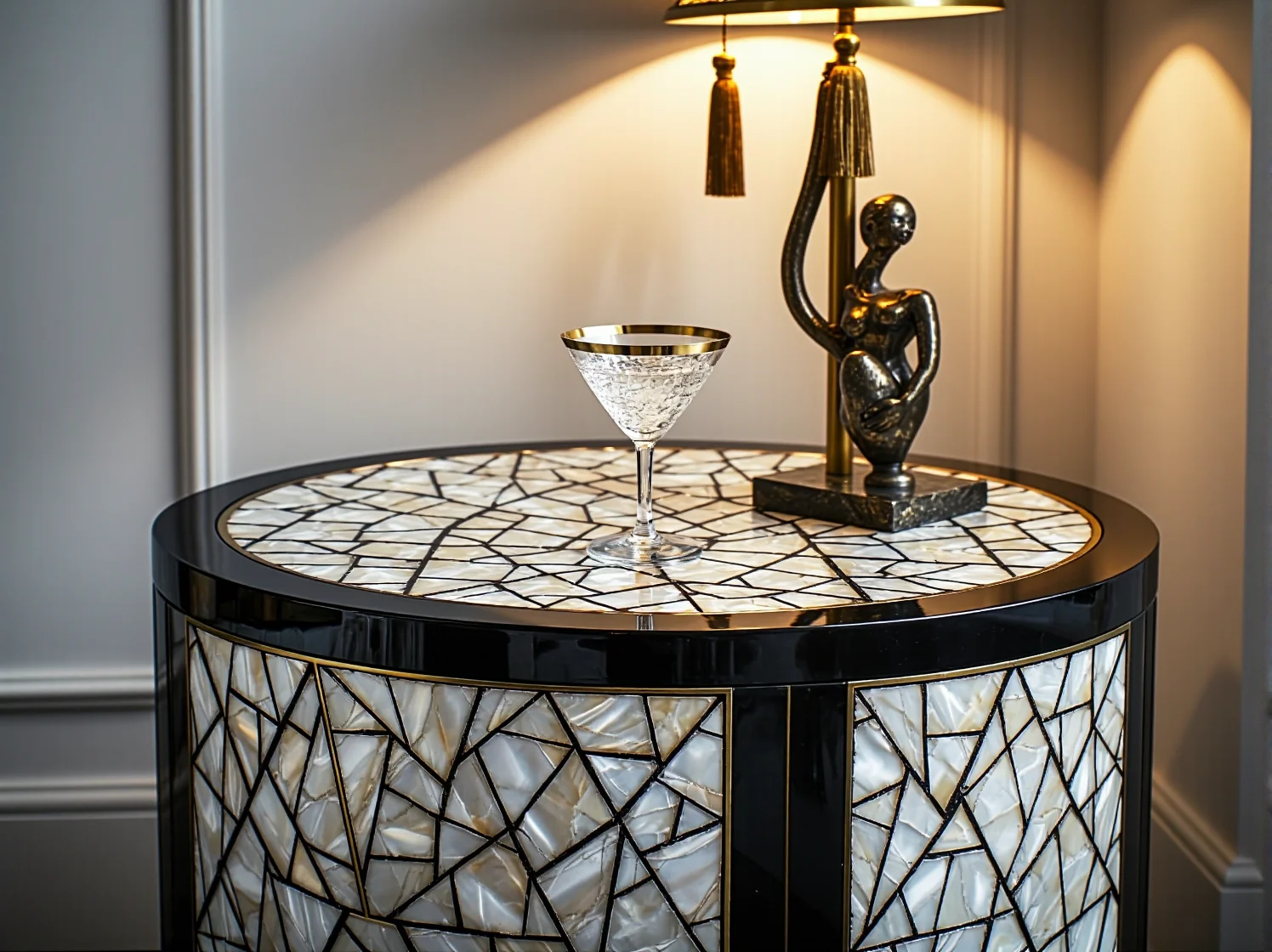 Detale geometryczne i złocenia na szafce, czyli inspirująca przeróbka mebla art deco.