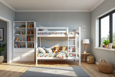 Białe łóżko piętrowe dla rodzeństwa z drabinką i barierkami