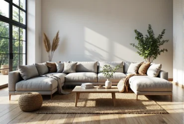 Jasnoszara sofa narożna skandynawska na drewnianych nóżkach z poduszkami