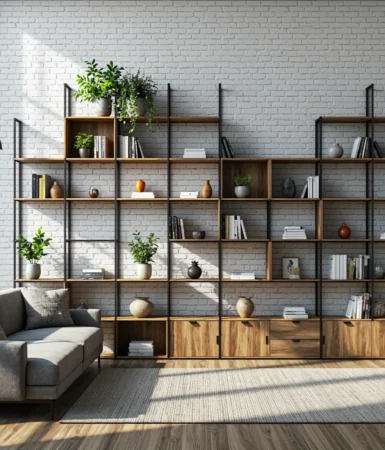 Regał modułowy industrialny dąb craft z czarną metalową ramą