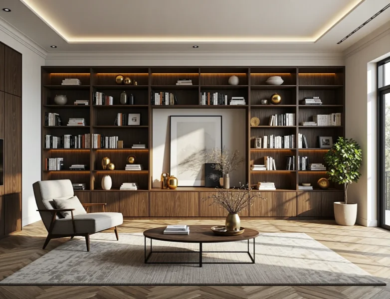 Regał ścienny orzech z oświetleniem LED i otwartymi półkami