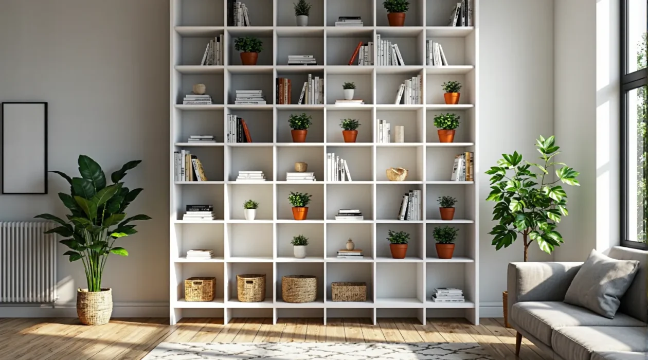 Biały regał z otwartymi półkami w kratownicę idealny do salonu