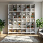 Biały regał z otwartymi półkami w kratownicę idealny do salonu