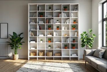 Biały regał z otwartymi półkami w kratownicę idealny do salonu