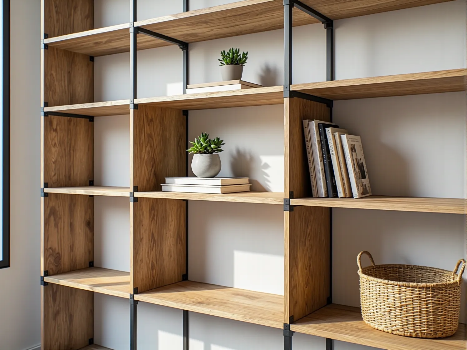 Zbliżenie na solidny, metalowy stelaż regału modułowego, który gwarantuje jego trwałość i stabilność.