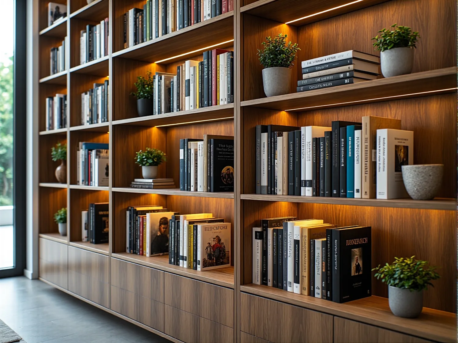 Zbliżenie na półki z książkami i system smart lighting, który automatycznie dopasowuje natężenie światła.
