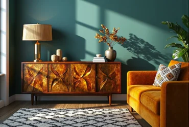 Elegancka komoda art deco z dekoracyjnymi frontami w złoto-brązowych tonach