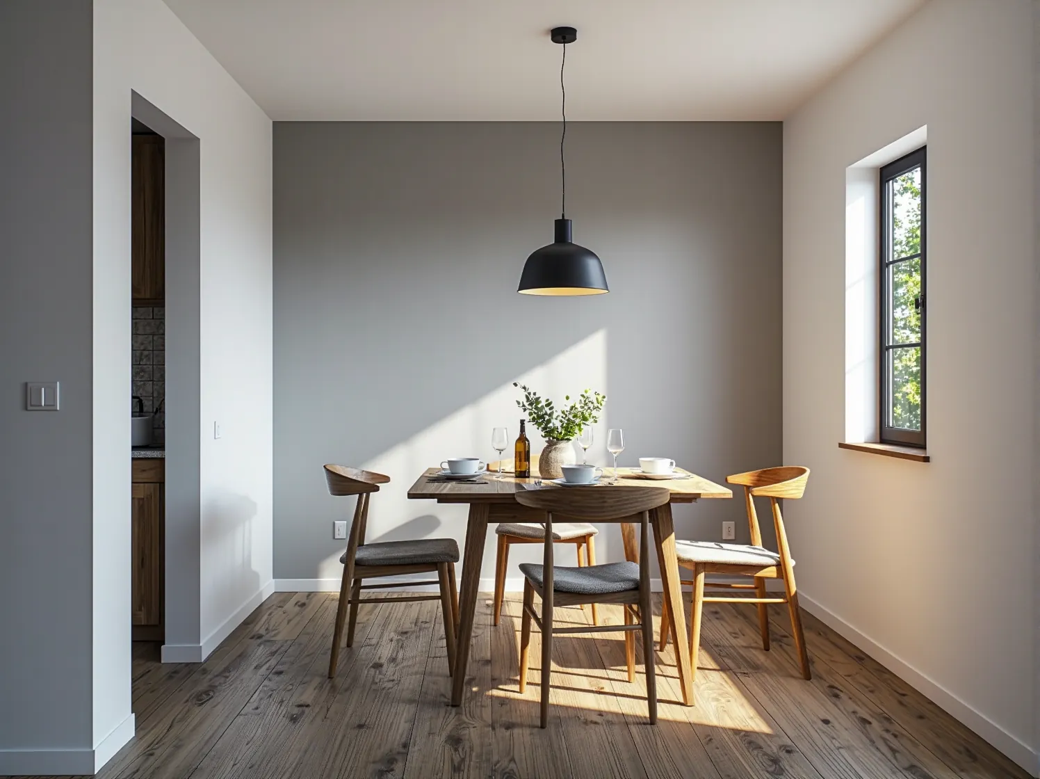 Funkcjonalna jadalnia w kawalerce łącząca styl rustykalny z urokliwym drewnem.