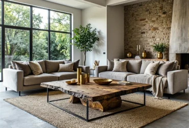 Rustykalny stolik kawowy z drewnianym blatem na metalowej ramie