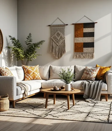 Narożna sofa beżowa z drewnianymi nogami w stylu boho