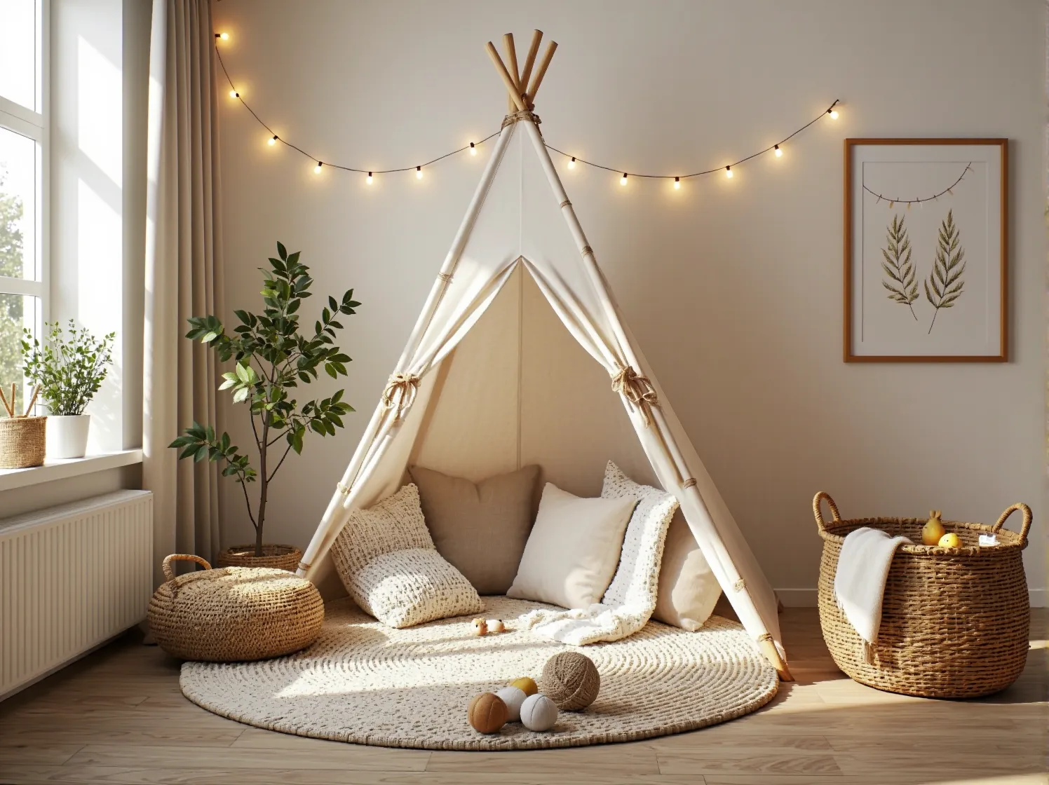 Drewniany przewijak z koszami do przechowywania – funkcjonalny mebel do pokoju niemowlaka w stylu scandi.