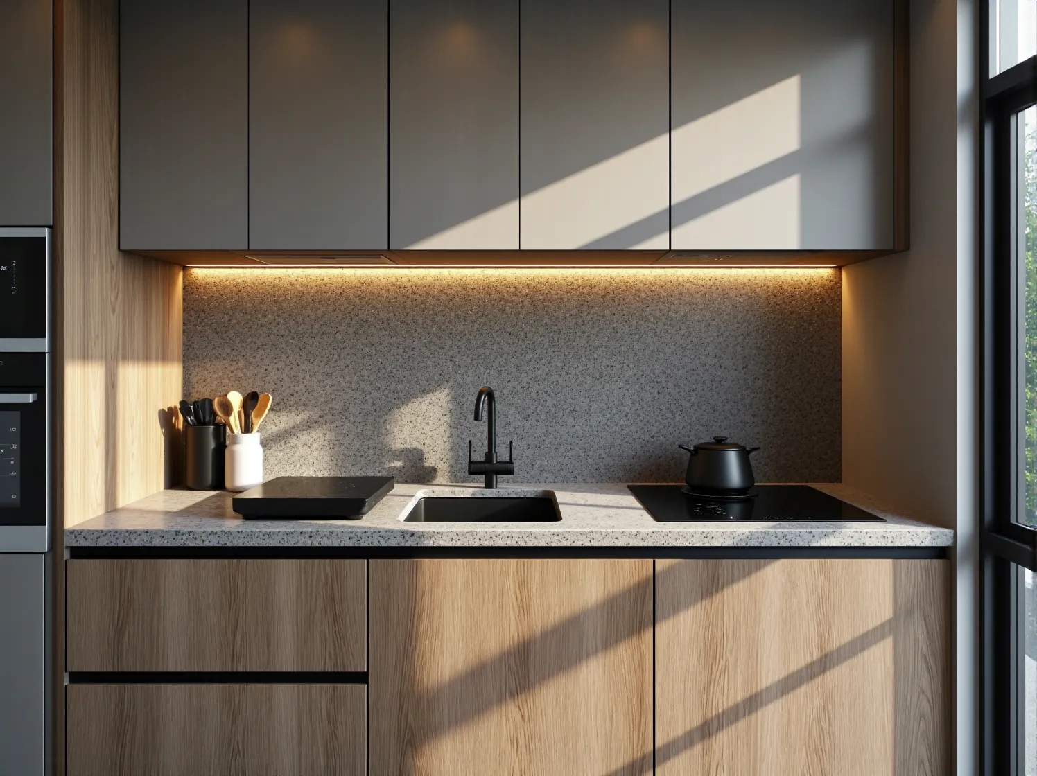 Składany stół jadalniany przymocowany do ściany w mikroapartamencie – przykład mebla oszczędzającego miejsce.