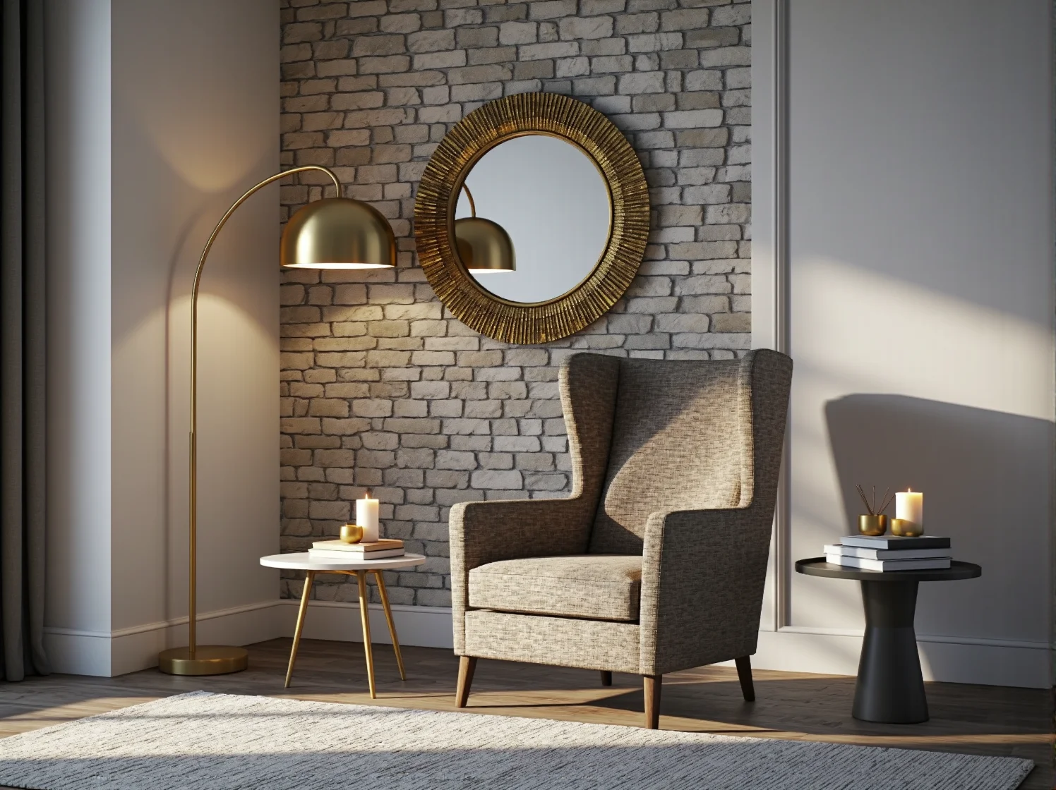 Wygodna, welurowa sofa w stylu glamour stojąca obok surowego, drewnianego stolika kawowego w rustykalnym salonie.