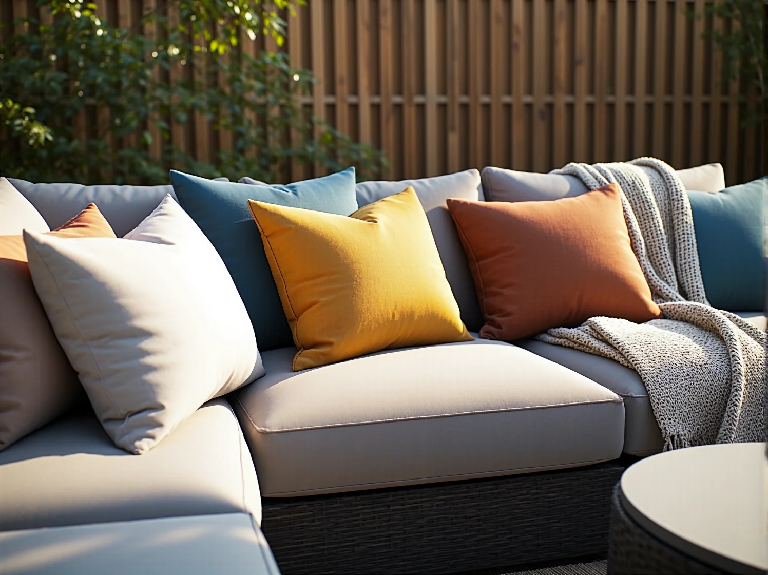 Stylowa sofa modułowa idealna na mały taras, pokazująca zalety mebli outdoorowych.