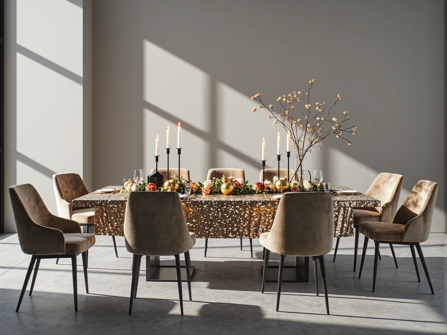 Długi stół bankietowy na wysoki połysk otoczony krzesłami, gotowy na przyjęcie gości.