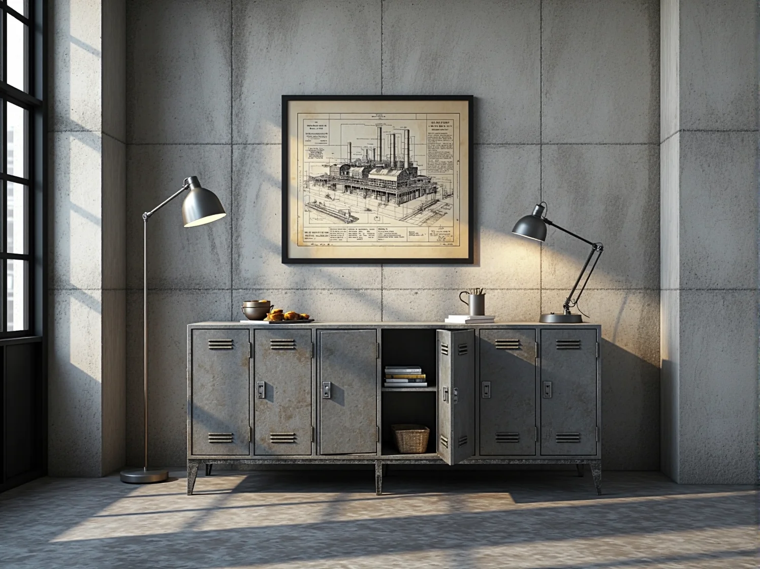 Stół jadalniany w stylu industrialnym z blatem z litego drewna i metalowymi nogami.