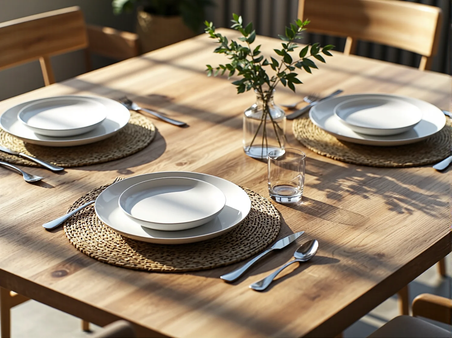 Nowoczesna jadalnia ze stołem z jasnego dębu, idealnie pasująca do nordyckiej estetyki wnętrza.