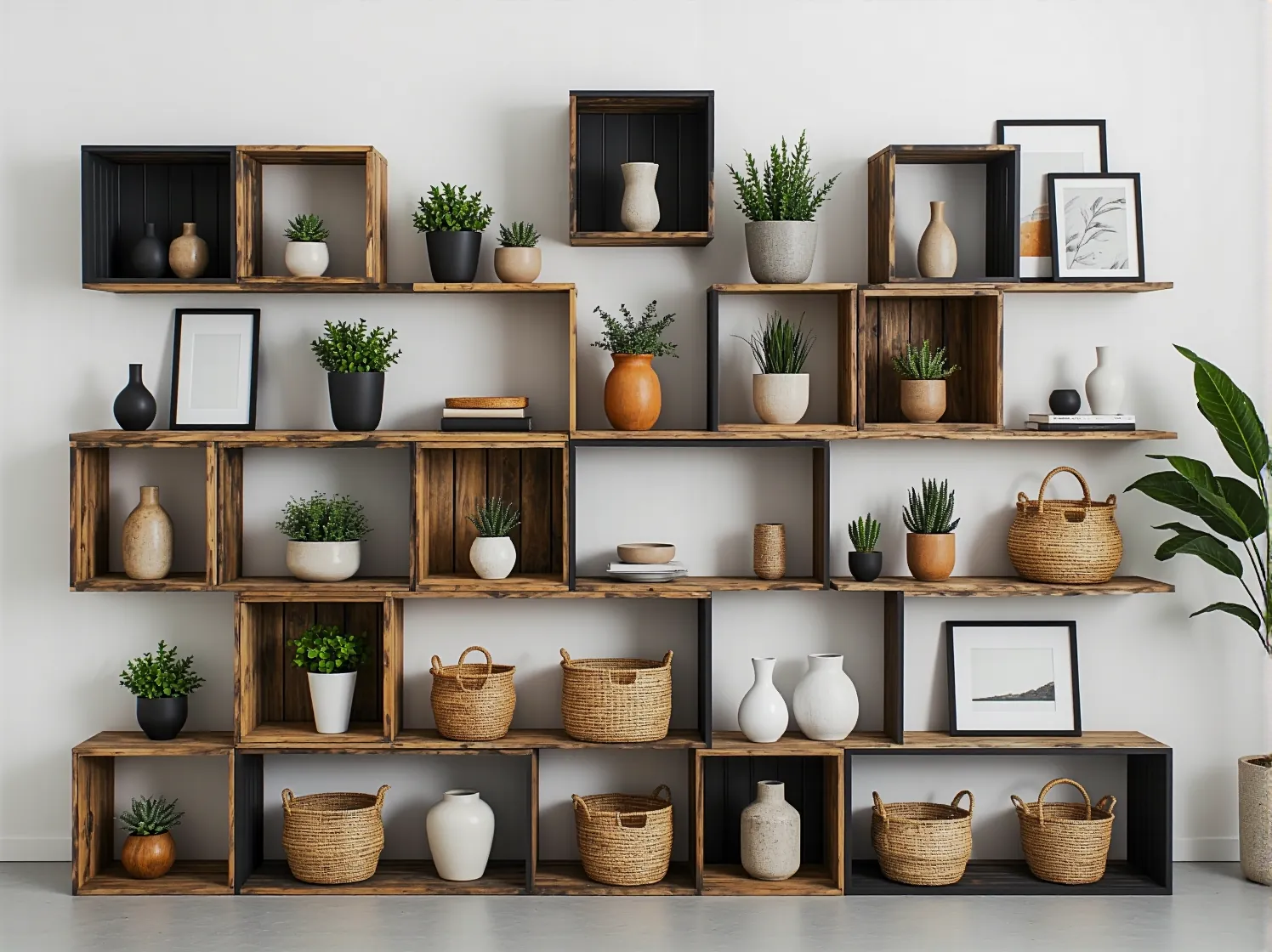 Kreatywny stolik nocny DIY wykonany z czarnej metalowej skrzynki w sypialni industrialnej.