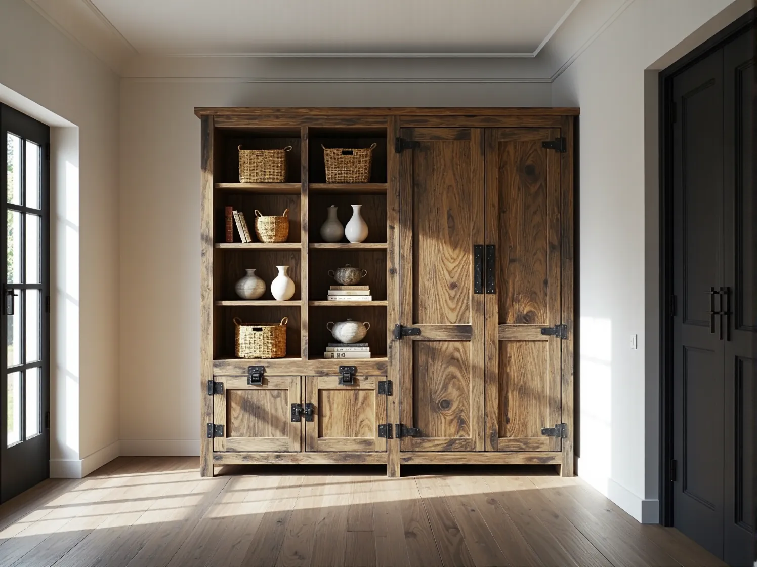 Solidna szafa rustykalna z naturalnego drewna w nowoczesnym wnętrzu.