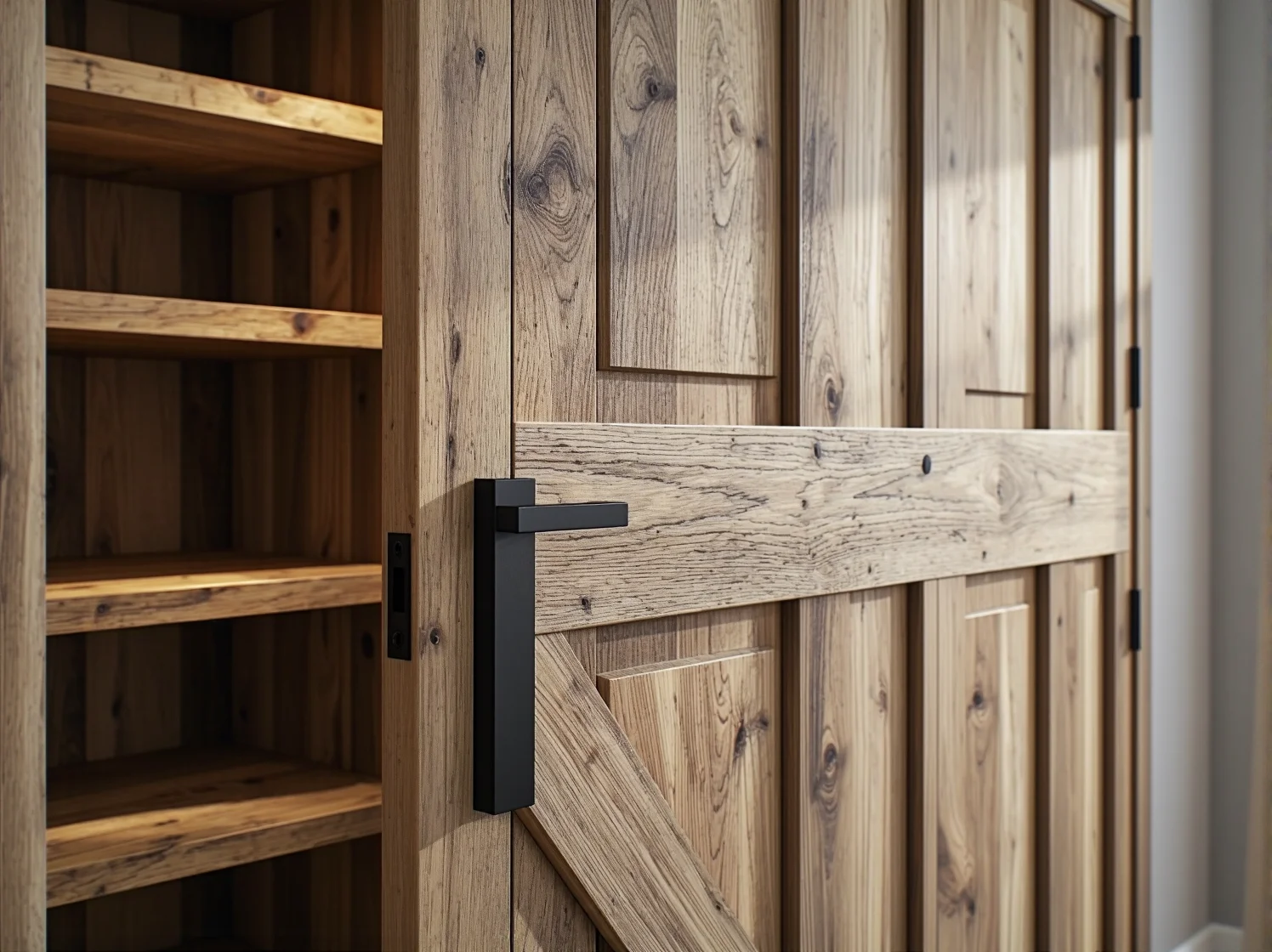 Drewniana szafa rustykalna z czarnymi metalowymi uchwytami.