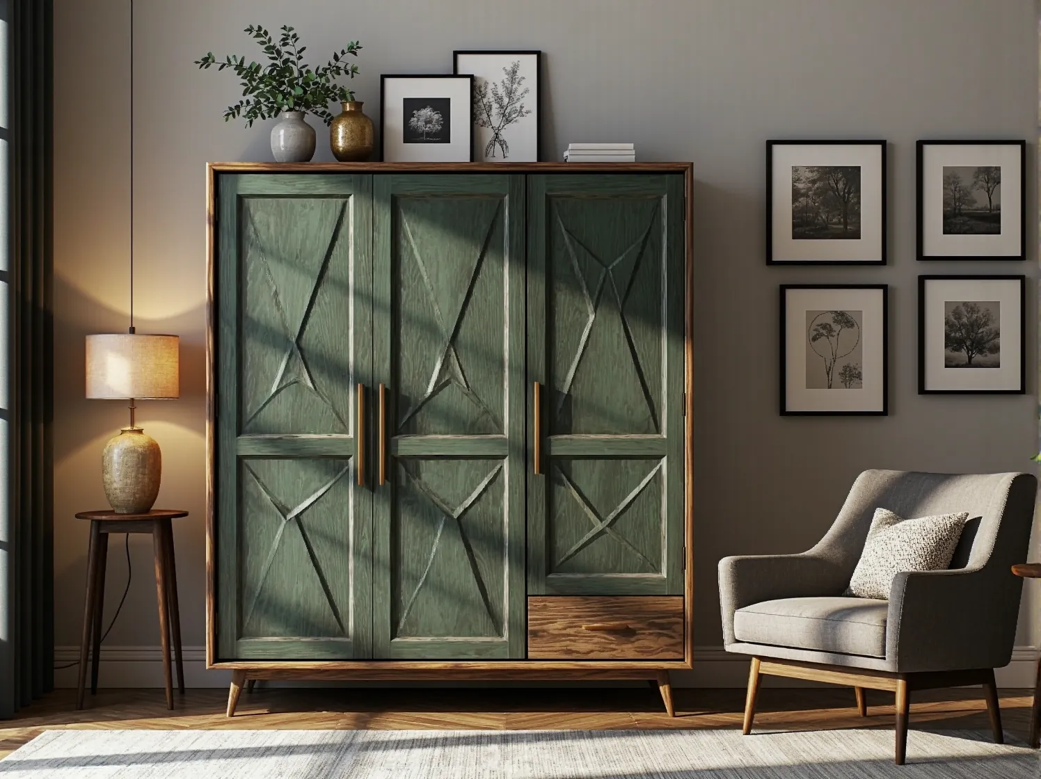 Nowoczesna szafa dębowa w stylu rustykalnym z dużym lustrem.