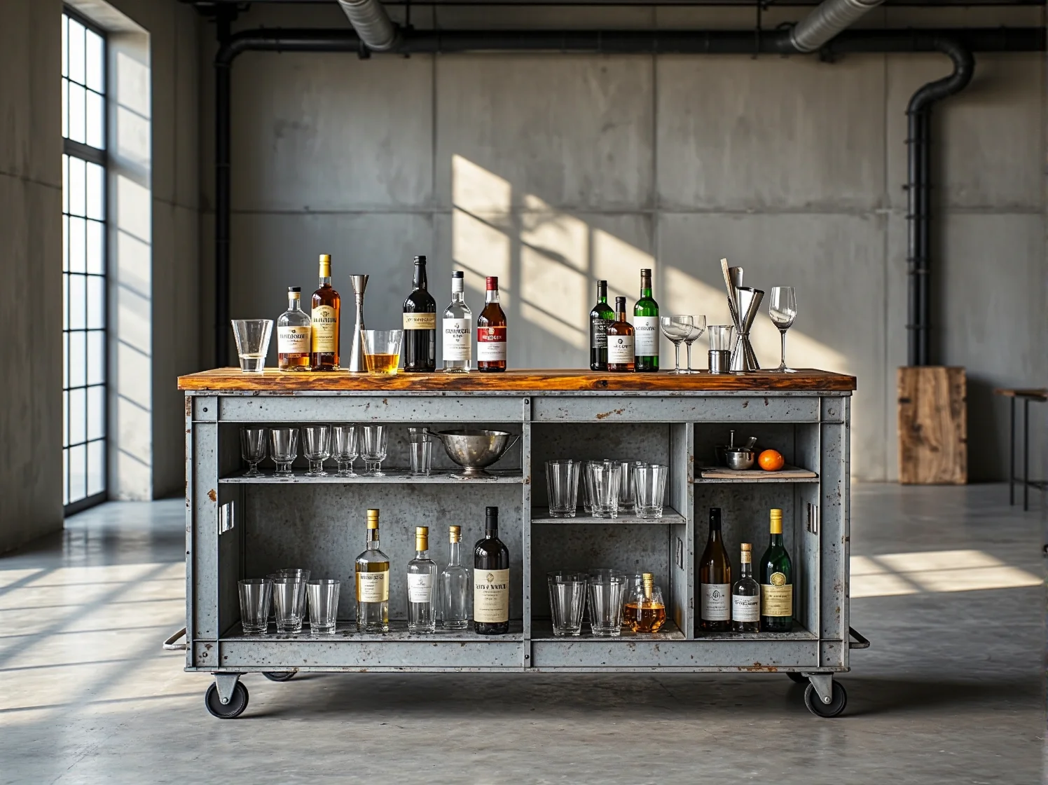 Nowoczesna szafka RTV z metalowych skrzynek przemysłowych – inspiracja do wnętrza loftowego.