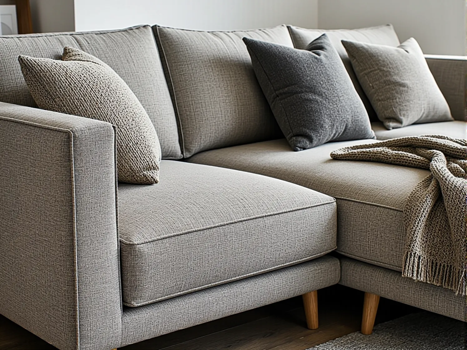 Szara sofa narożna w stylu skandynawskim na wysokich drewnianych nóżkach