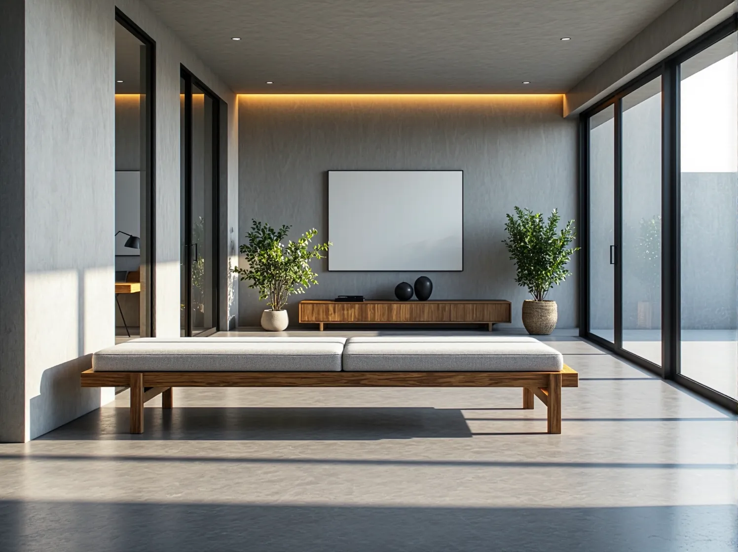 Szara sofa ogrodowa w jasnym, minimalistycznym wnętrzu zapewniająca elegancję i funkcjonalność.