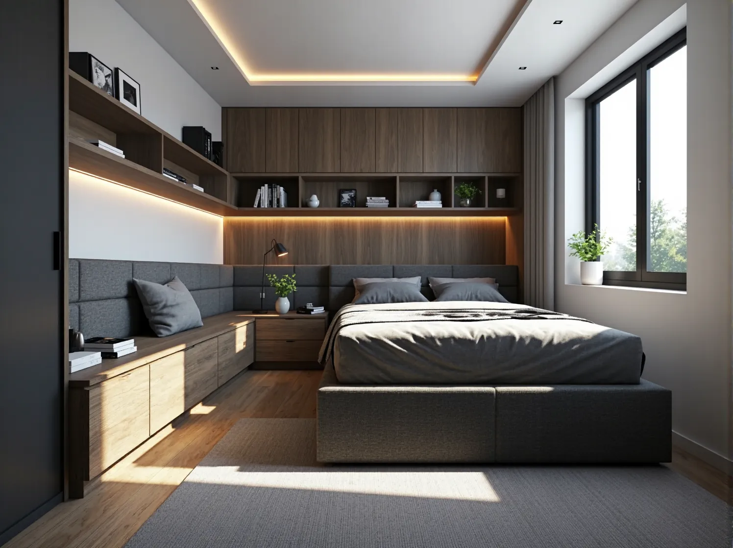 Eleganckie, szare łóżko kontynentalne w kompaktowym rozmiarze do małego mieszkania.