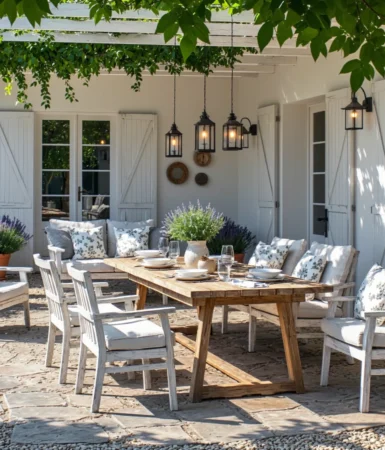 Zestaw ogrodowy stół drewniany dębowy z białymi krzesłami