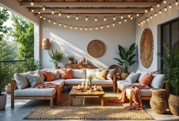 Narożna sofa tarasowa drewniana z kremowymi poduszkami i stolik kawowy