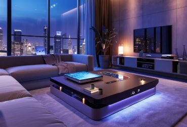 Inteligentny stolik kawowy czarny z wbudowanym ekranem dotykowym i oświetleniem LED