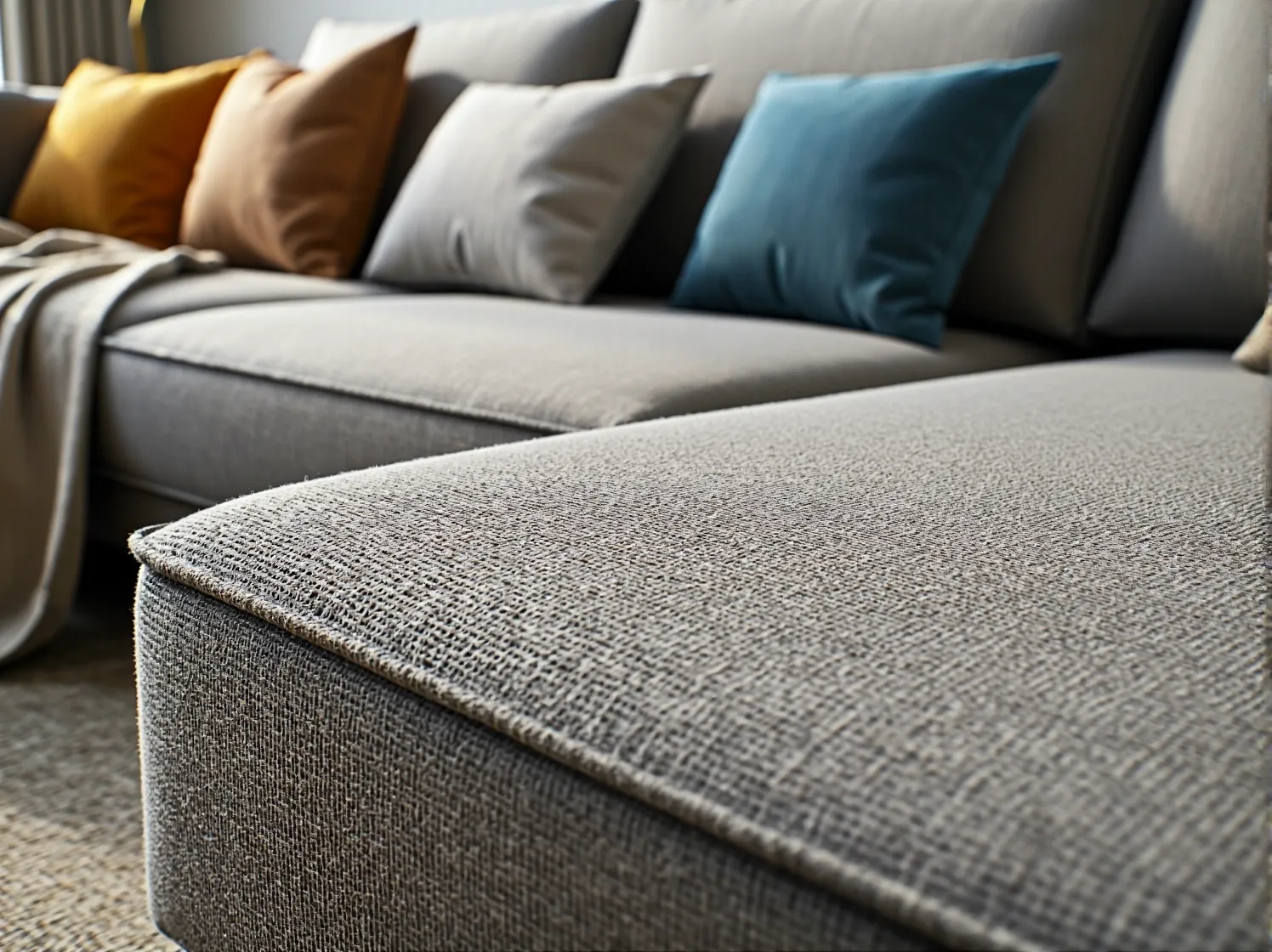 Krople wody na tkaninie hydrofobowej narożnika - efekt perlenia ułatwiający czyszczenie.