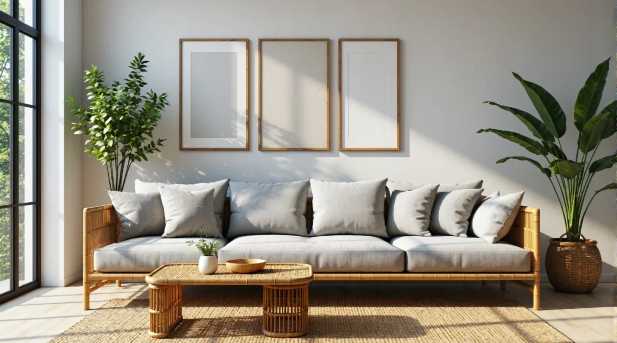 Bambusowa sofa salonowa z szarą tapicerką i poduszkami