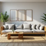 Bambusowa sofa salonowa z szarą tapicerką i poduszkami