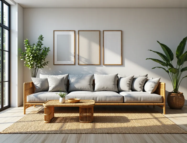 Bambusowa sofa salonowa z szarą tapicerką i poduszkami