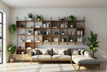 Modułowy regał ścienny dąb craft z metalową ramą i otwartymi półkami