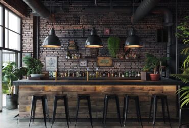 Industrialne hokery barowe czarne metalowe przy drewnianym blacie