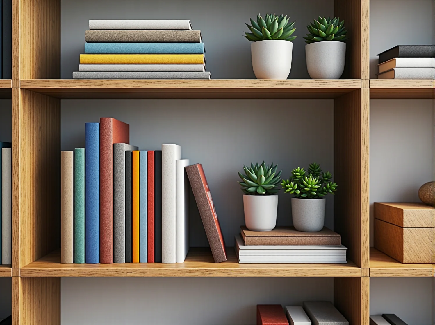 Wysoki i wąski regał na książki, idealny do wąskiego przedpokoju lub małego pokoju.