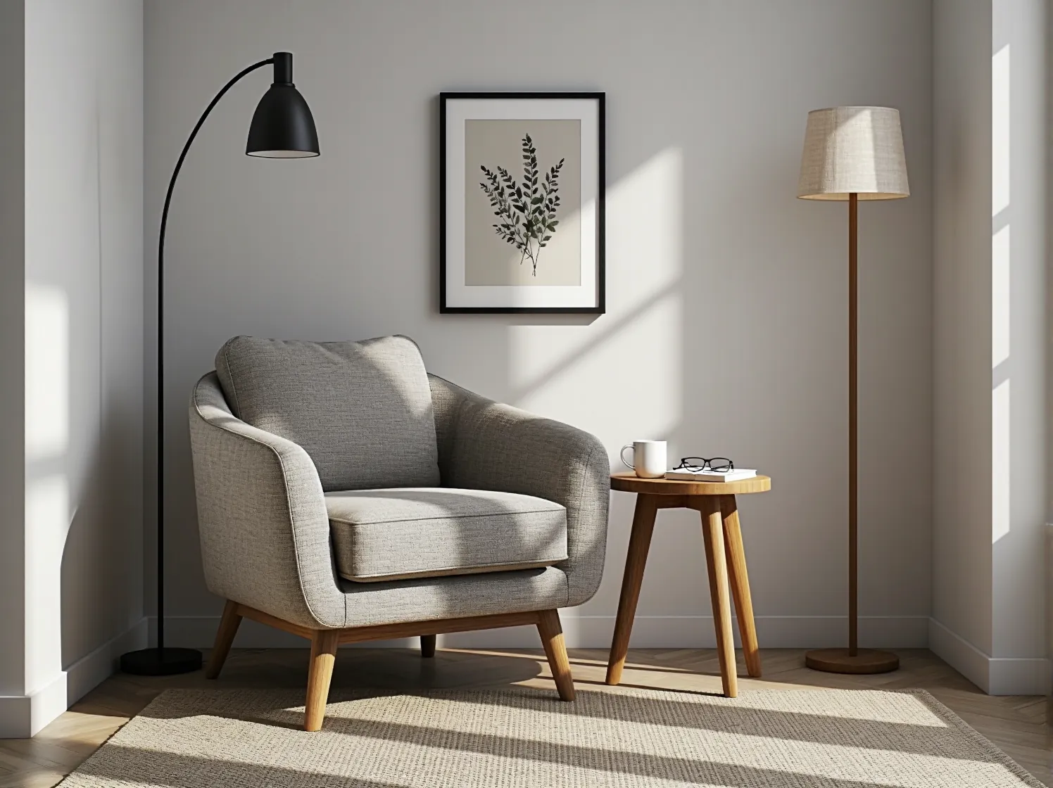 Naturalne tekstylia w skandynawskim wnętrzu: gruby, wełniany koc i lniane poduszki ułożone na szarej sofie.