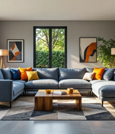 Narożnik modułowy szary z szezlongiem na czarnych nóżkach