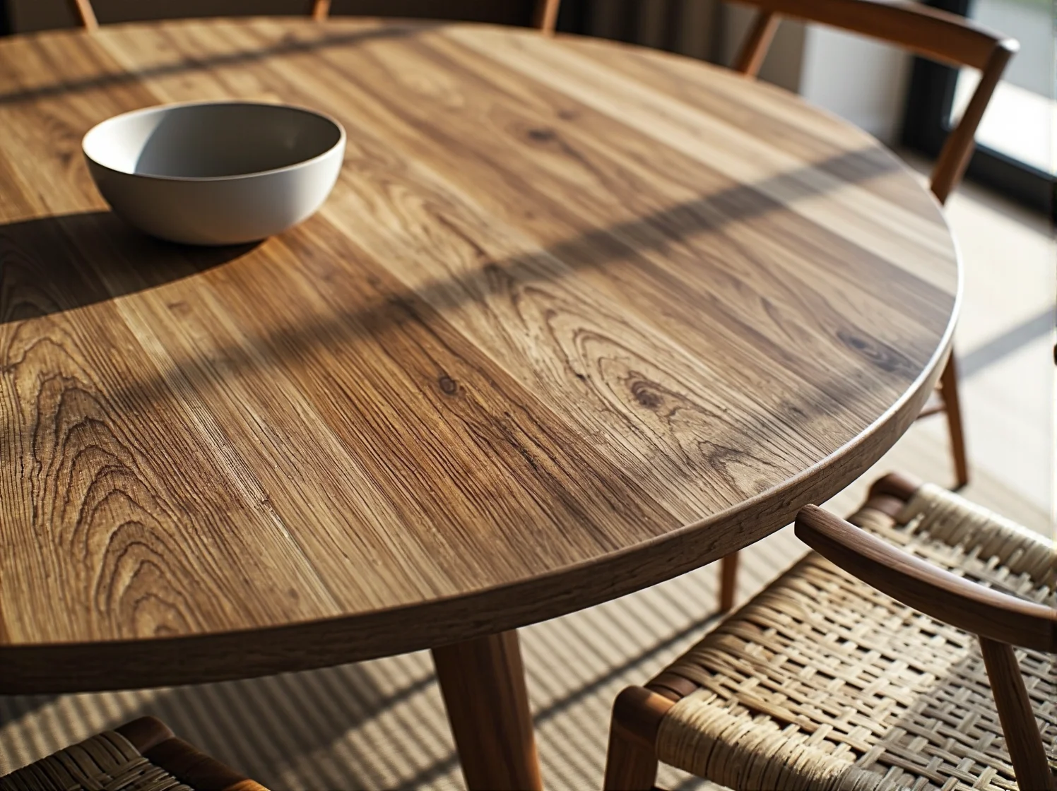 Zbliżenie na blat stołu do jadalni, ukazujące jakość materiału i wykończenie w stylu skandynawskim.