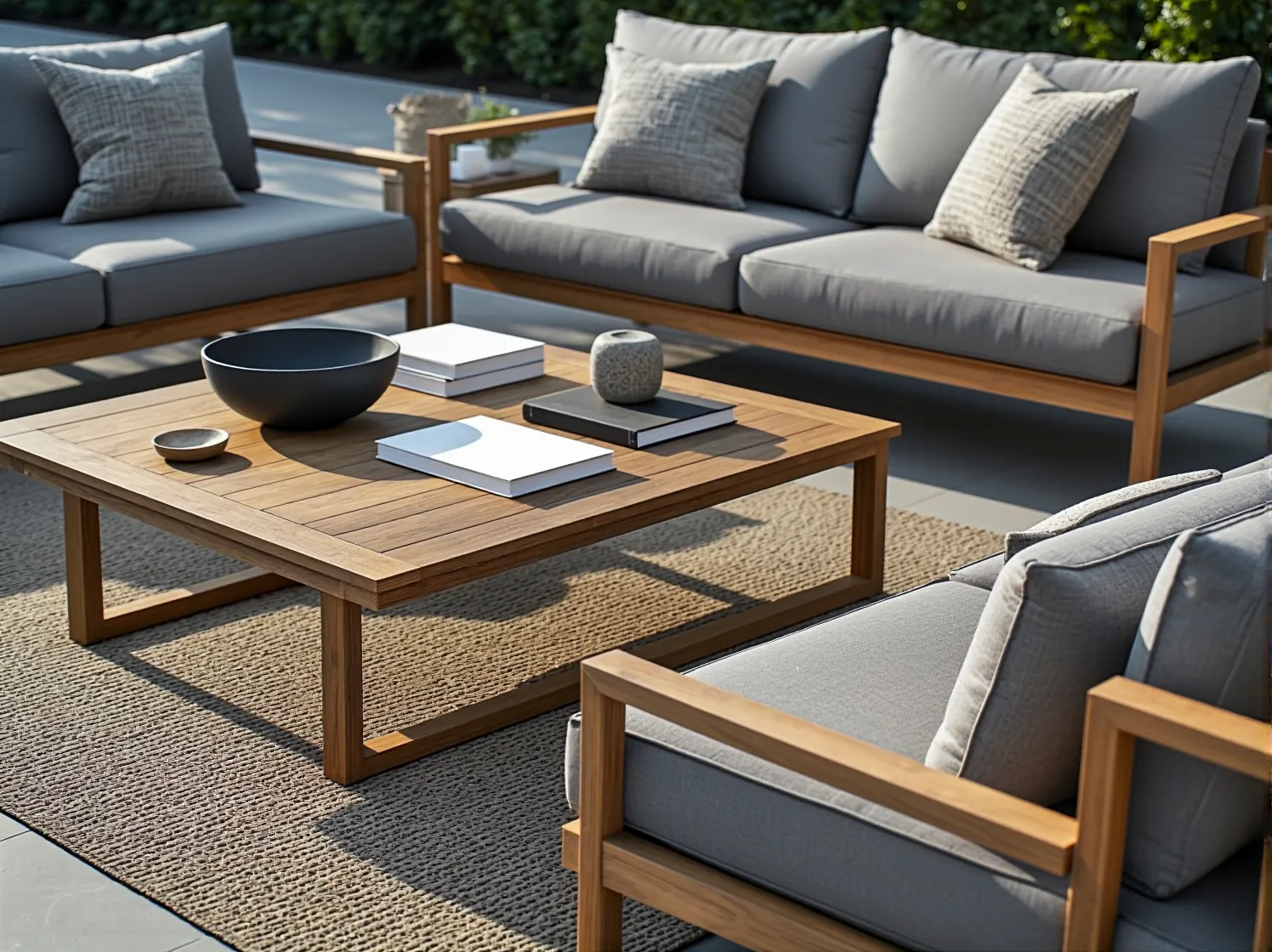 Nowoczesne meble na taras z technorattanu. Wygodny narożnik i stolik kawowy, idealne do spotkań na świeżym powietrzu.