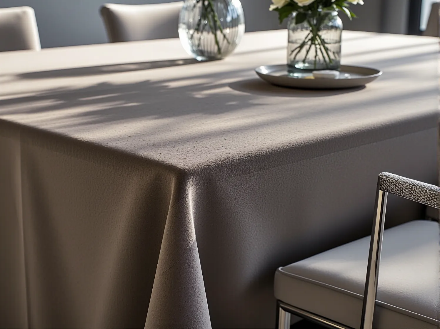 Okrągły, złoty metalowy stół bankietowy jako centralny punkt aranżacji w stylu glamour.