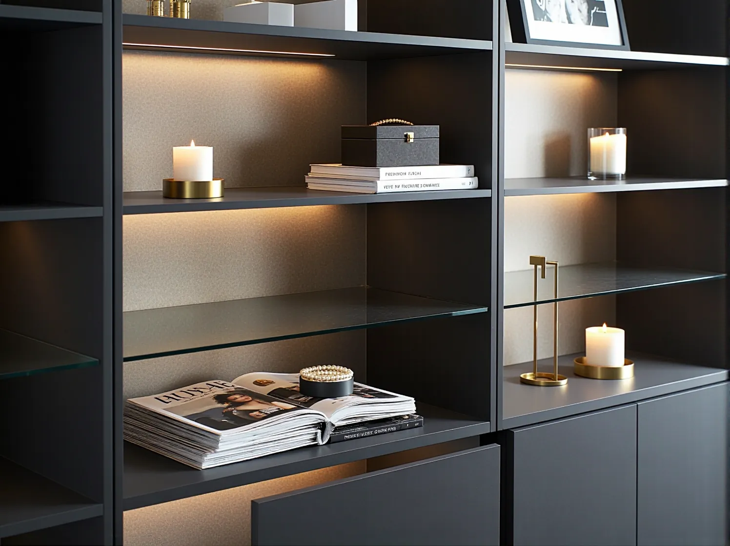 Zbliżenie na luksusowe wykończenie regału modułowego glamour, podkreślające jego wysoką jakość i ozdobny charakter.