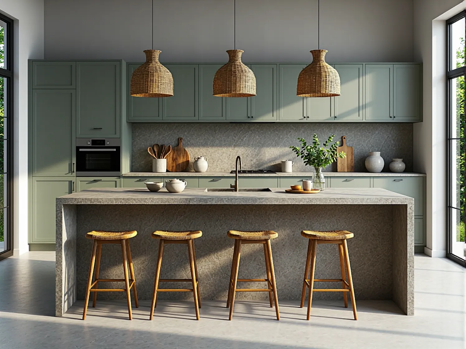 Zbliżenie na detale we wnętrzu w barwach ziemi: lniane zasłony, drewniany stolik i ceramiczny wazon w odcieniu szałwii.